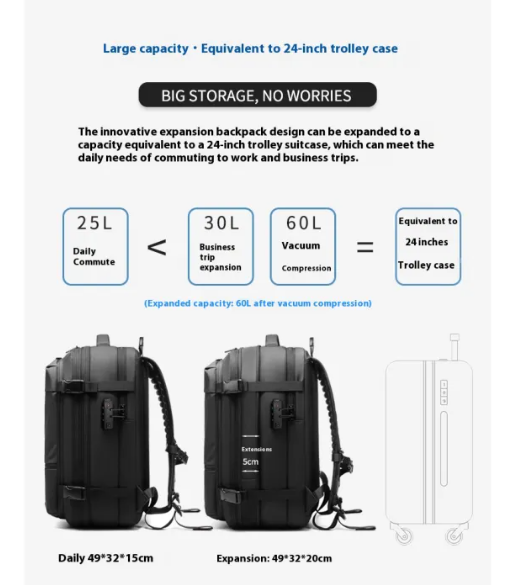 60L vcacuum Compression Travel Backpack